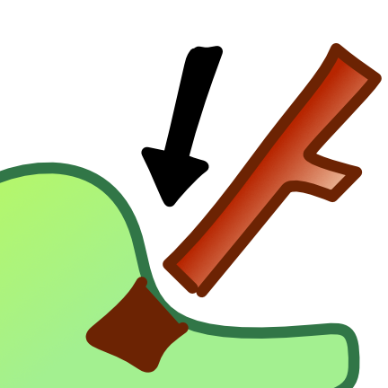 A green hill that settles out to flat has a brown square on it in line with a stick. The stick sits almost perpendicular to the hill on a diagonal and has a black arrow next to it indicating that the stick should go in the space created by the brown square. The image has dark line art.